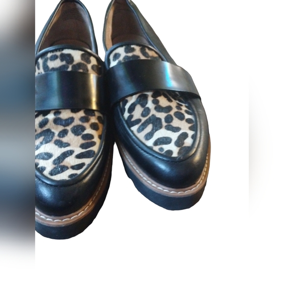 Halogen Black Leather Pony Hair Leopard Print Pointy Toe Slip On Loafers… - Picture 7 of 12